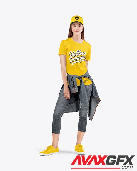 Woman in a Crew Neck T-Shirt & Jeans Mockup 83854