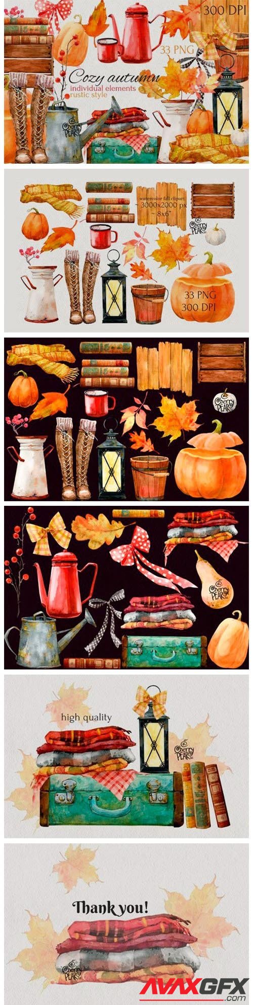 Cozy autumn. Watercolor Fall clipart, rustic style, PNG - 1472104