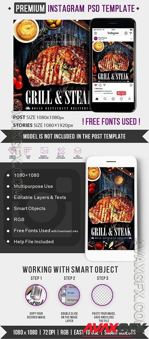 Grill & Steak House Restaurant Delivery PSD Instagram Post and Story Template