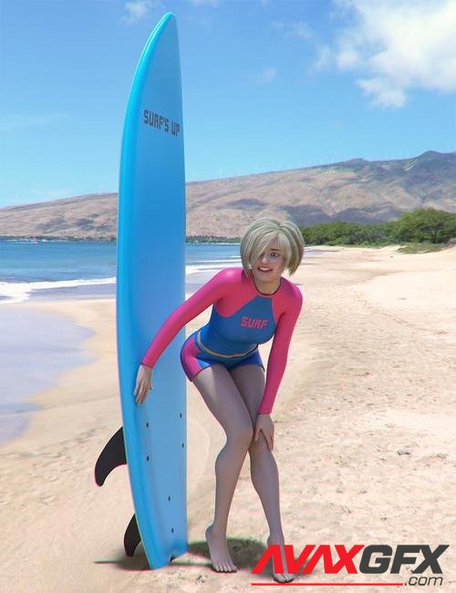 Surfer Girl Outfit and Surfboard for Genesis 8 Female