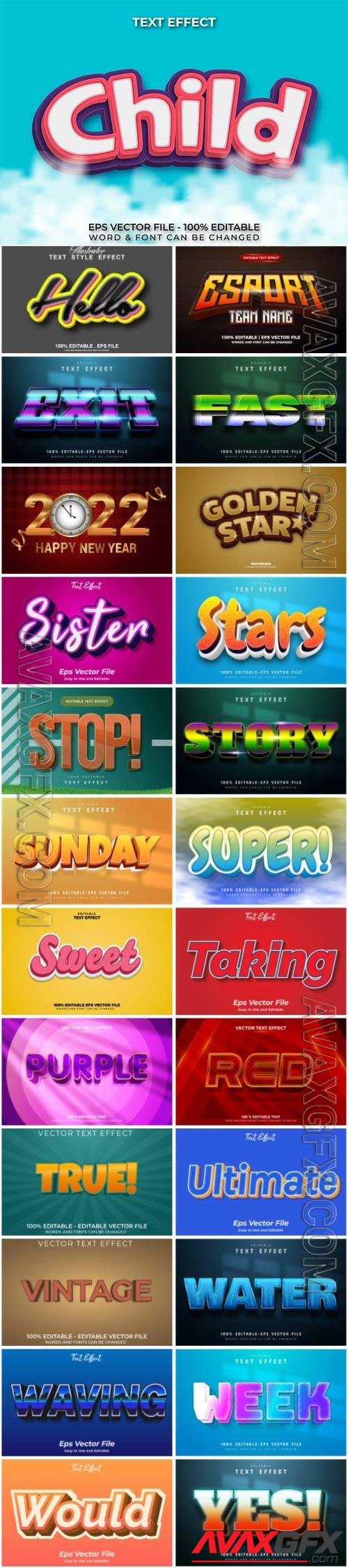 Set 3d editable text style effect vector vol 35