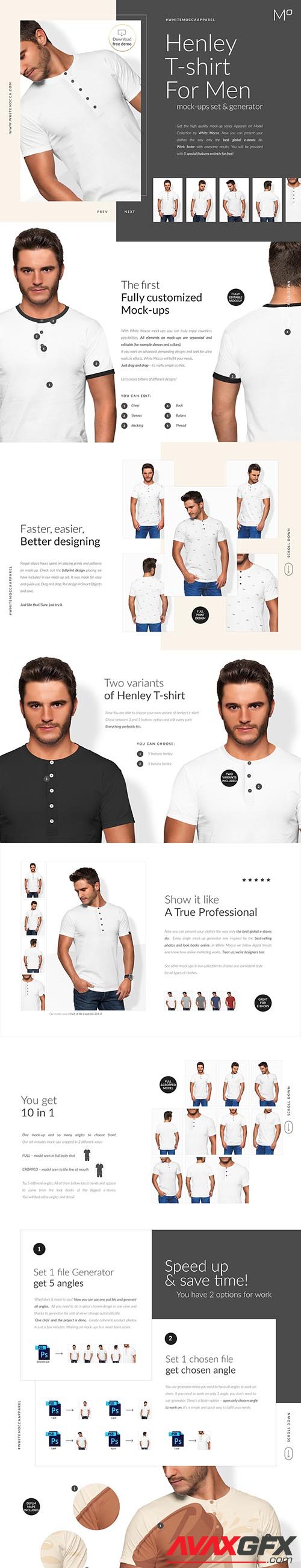 CreativeMarket - Men Henley T-shirt Mockups Free demo 6390082