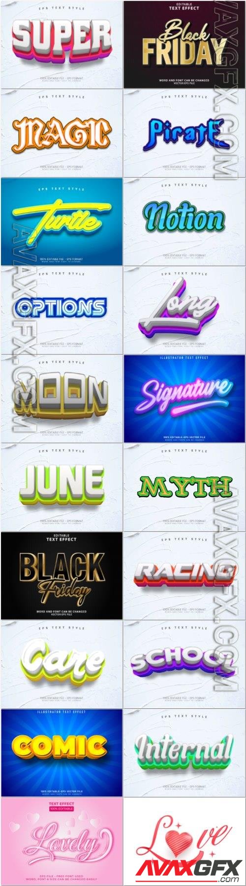 Set 3d editable text style effect vector vol 67