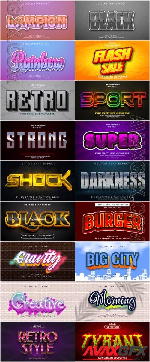 Set 3d editable text style effect vector vol 79