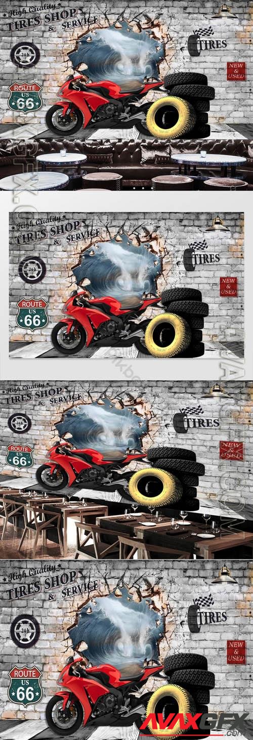 Retro 3d brick wall motorcycle background wall