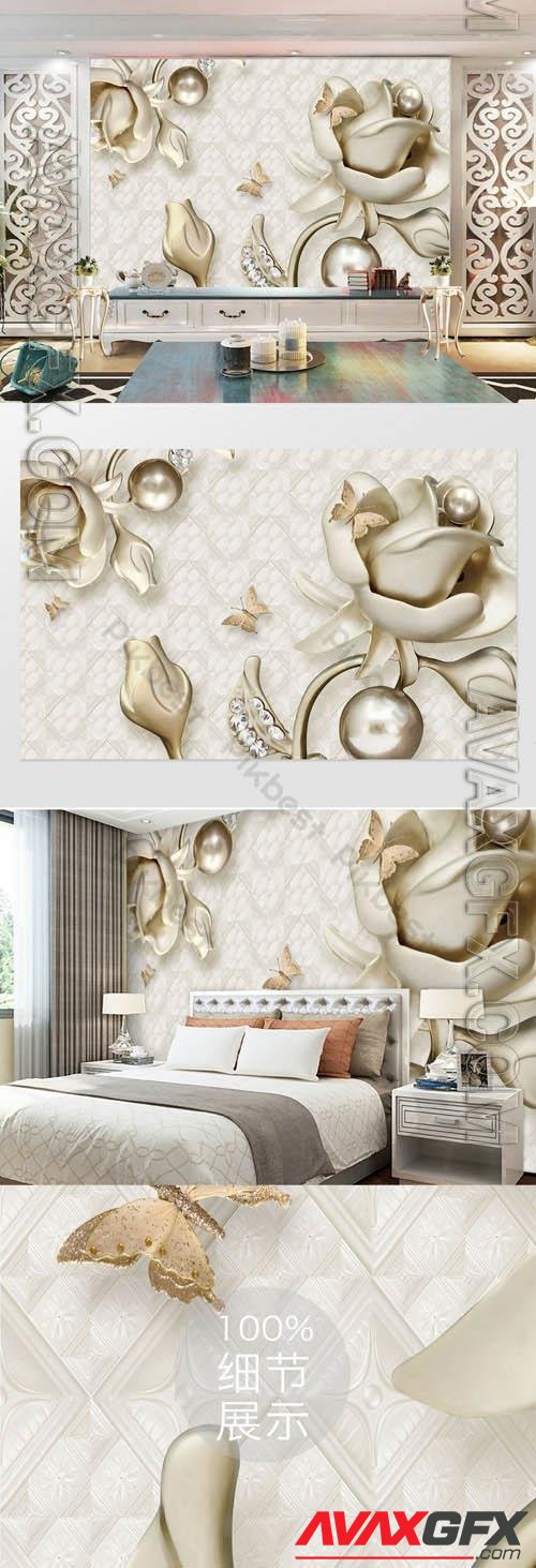 Silver pearl rose flower jewel hard pack background wall