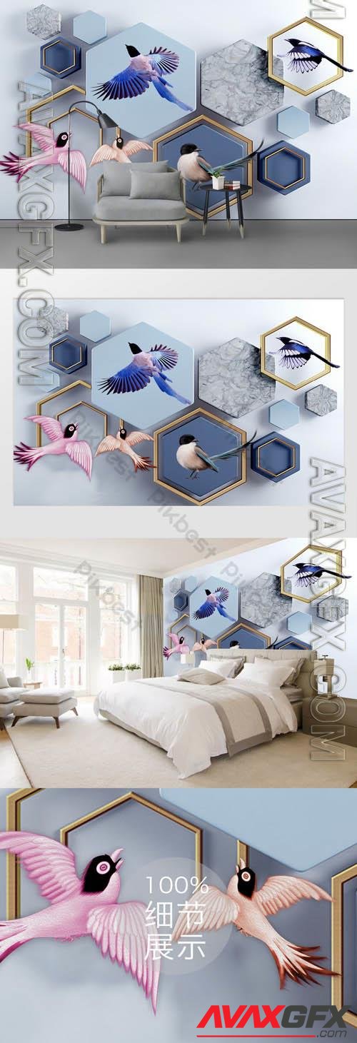 Geometric 3d cubes flying bird mosaic tv background wall