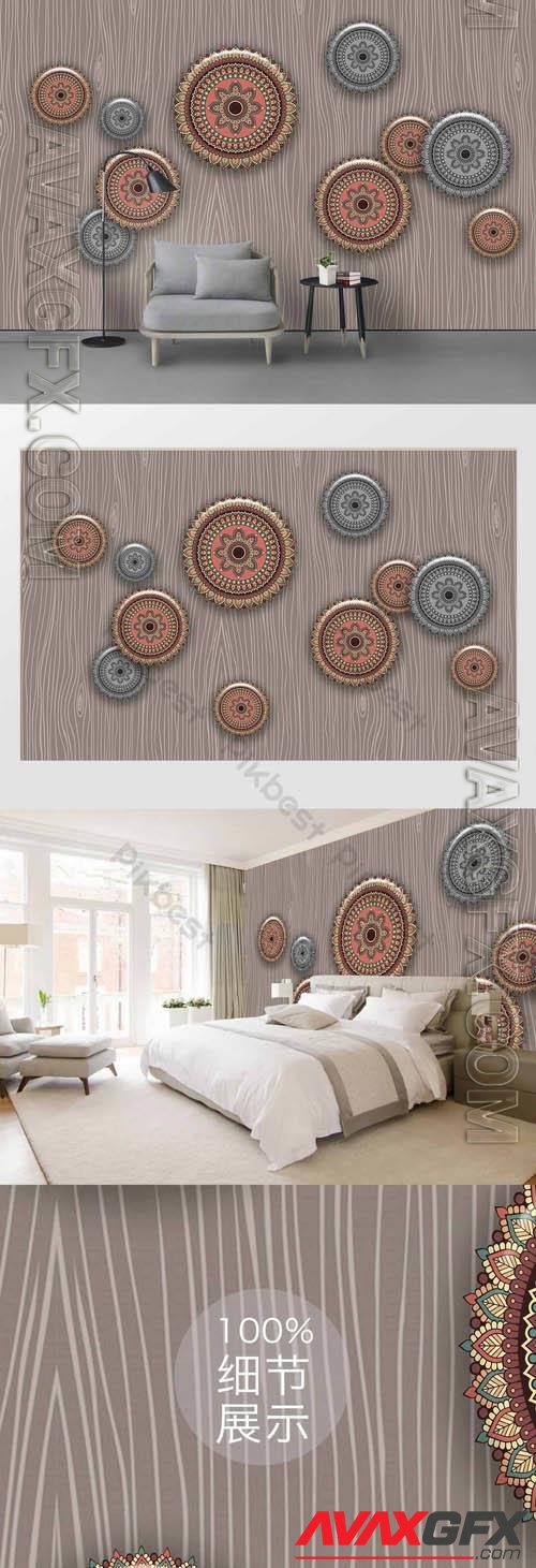 Minimalist three dimensional-national style round wood grain background wall decoration