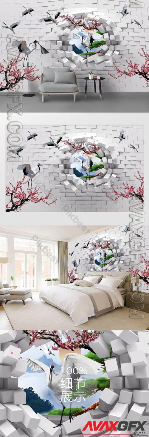 3d creative stone brick landscape painting plum white crane tv background wall