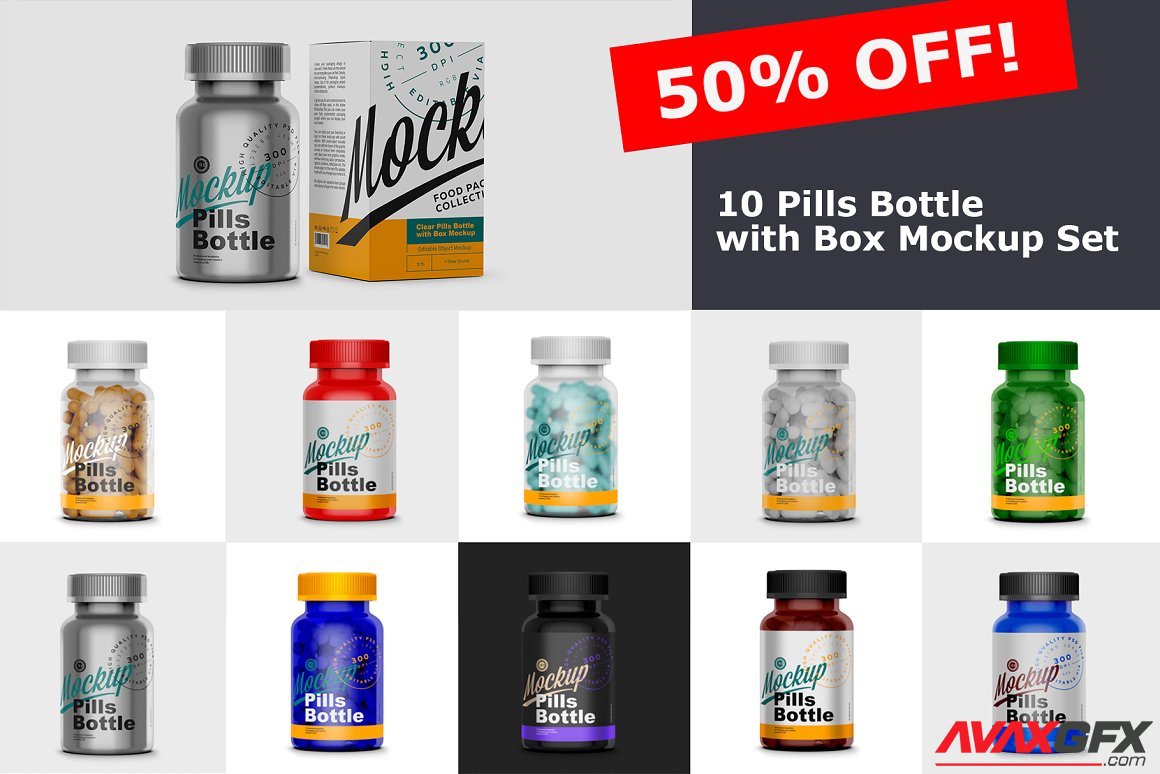 CreativeMarket - Pills Bottle with Box Mockup Set 6374641