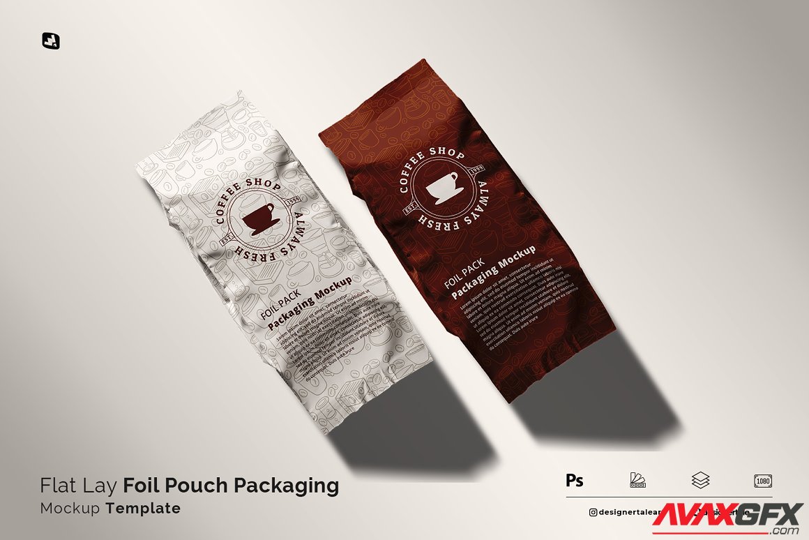 CreativeMarket - Flat Lay Foil Pouch Packaging Mockup 6276345