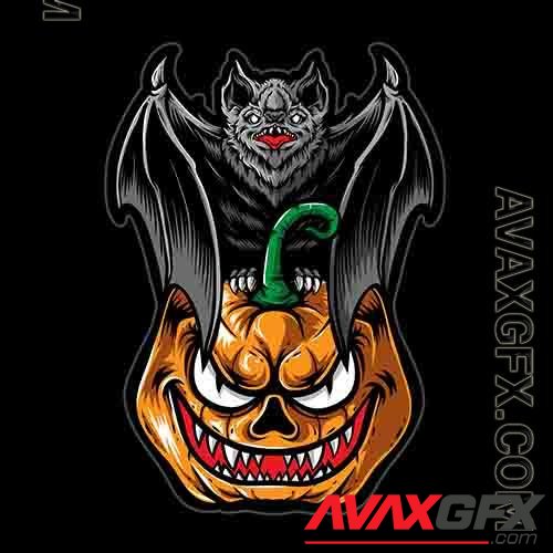 Scary bat with pumpkin halloween vector logo