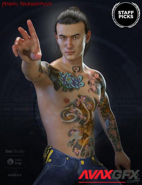 Asian SkinWorks L.I.E. Tattoos for Genesis 3 and 8 Male(s)