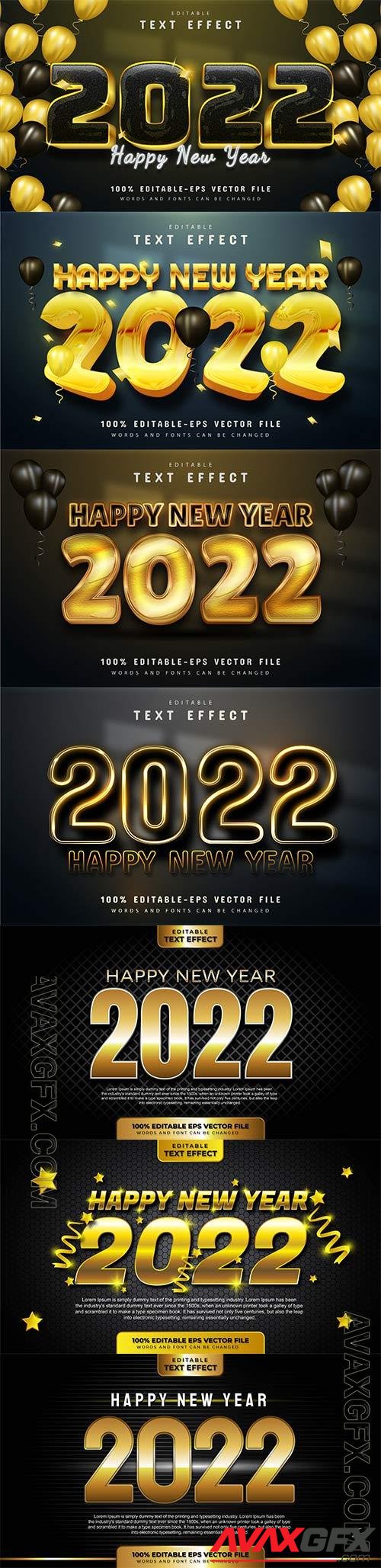 Happy new year 2022 gold 3d editable text effect premium vector