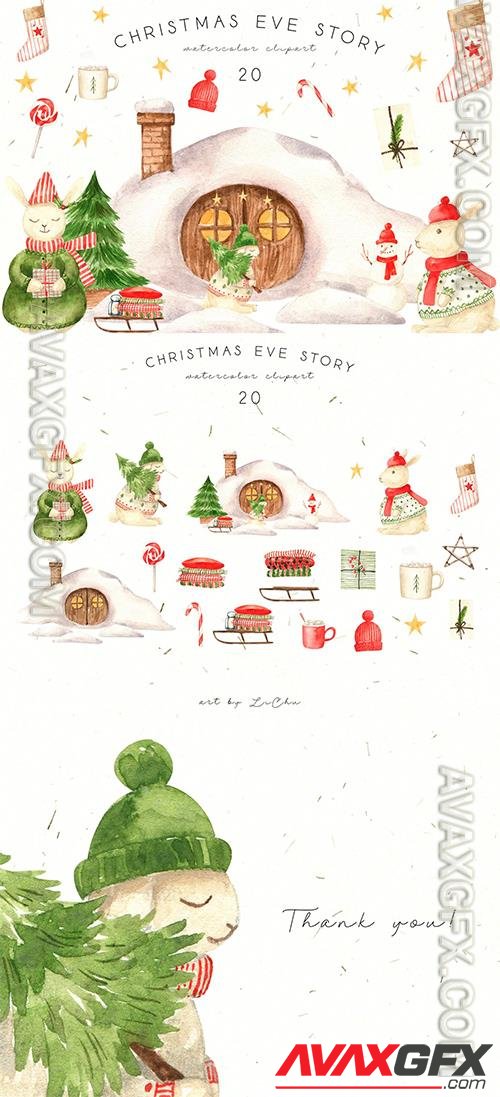 Watercolor Christmas Rabbits and House Clipart CV8WJJV