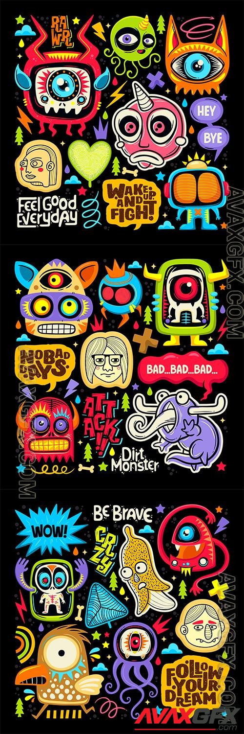 Doodle cute monster sticker coloring vector