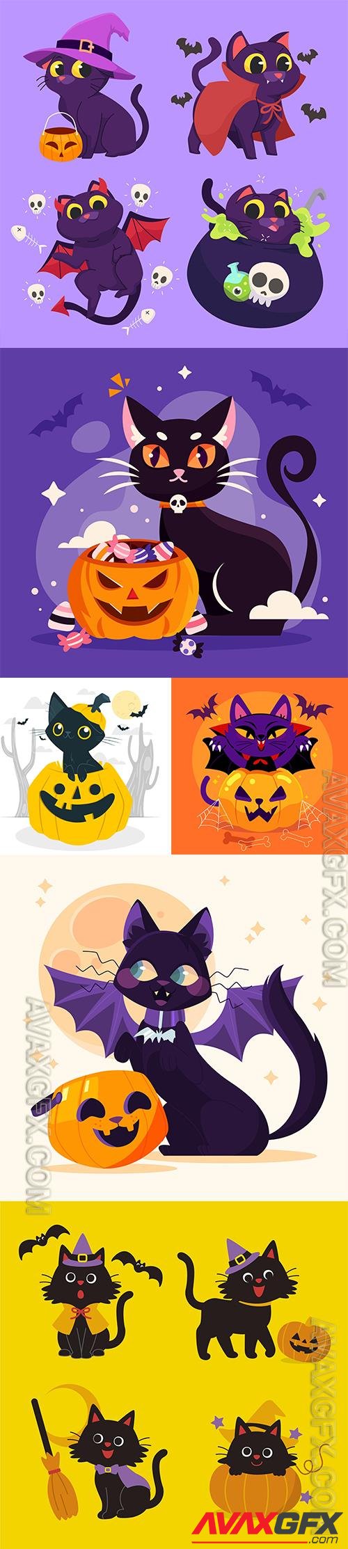 Hand-drawn flat halloween cats illustrations vol 2