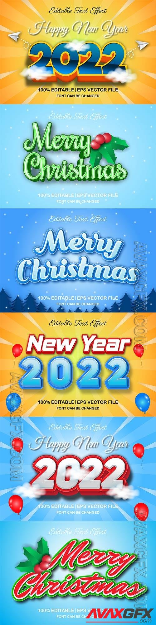 Merry christmas and happy new year 2022 editable vector text effects vol 9
