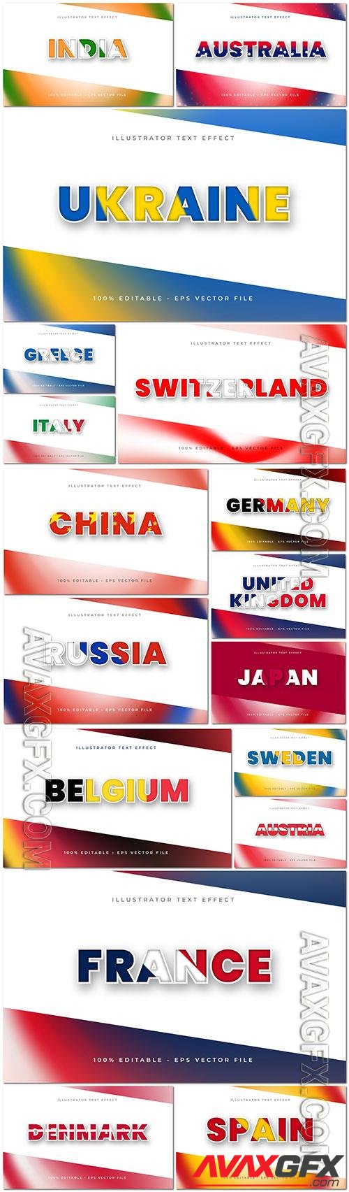 Text effect different countries of the world in vector