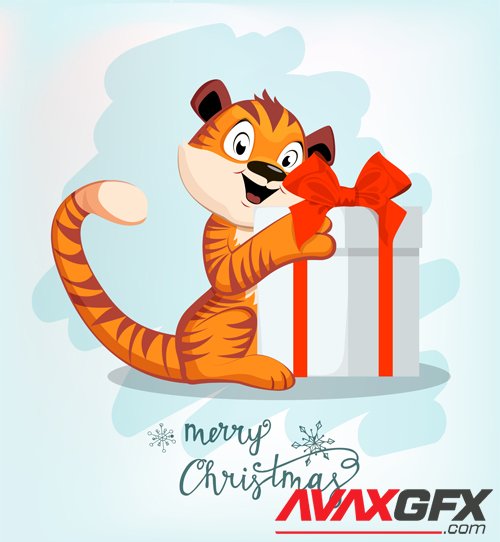 New year card, cute cartoon tiger, christmas, 2022 vector illustration