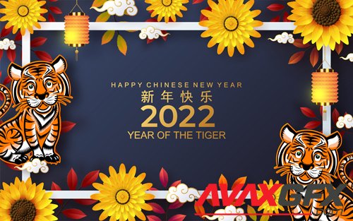 Beautiful wild Tiger colorful vector card, New year 2022, gold flower in vector