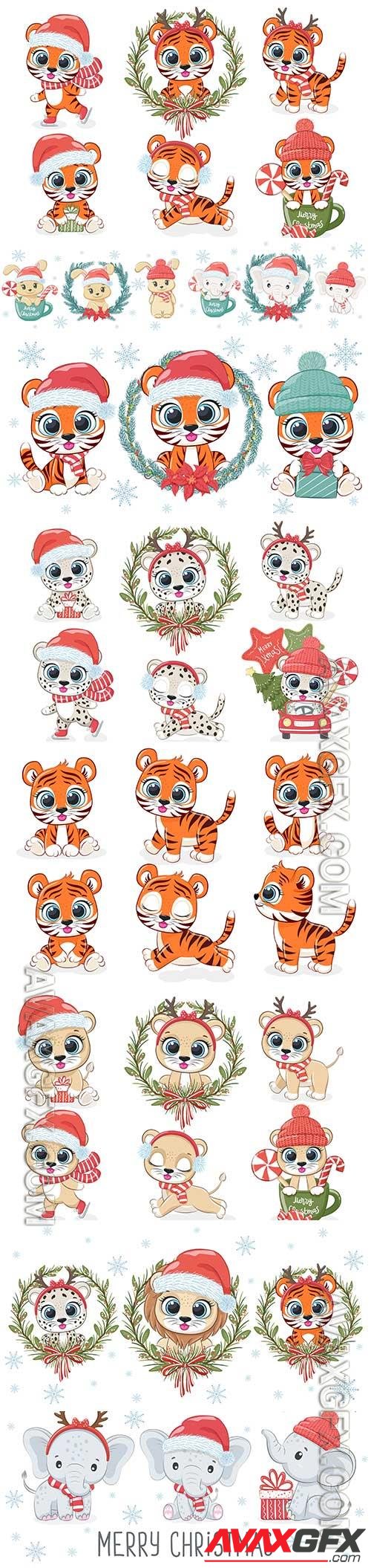 Cute animals for the new year and christmas vector illustrations