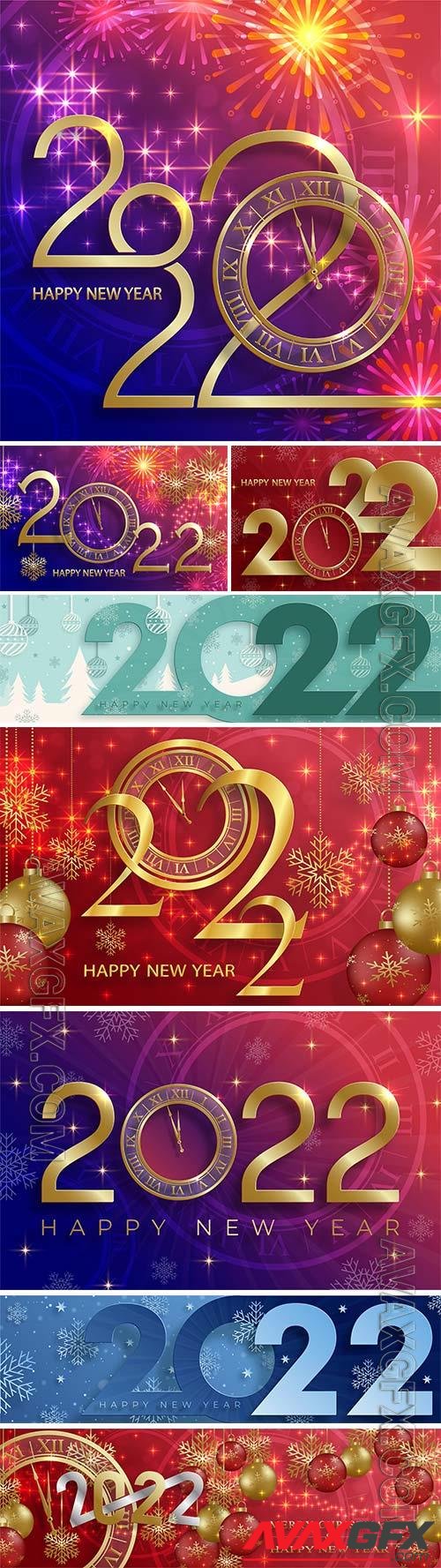 Happy new year 2022, christmas balls and snowflakes concept on color vector background