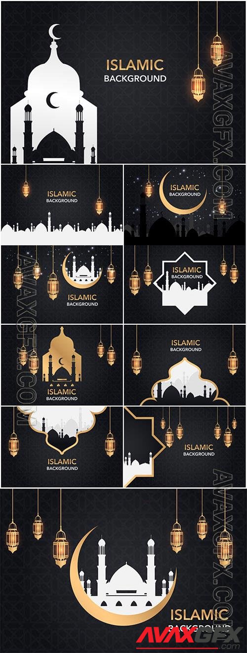 Dark backgrounds Ramadan with mosque and golden lamps in vector