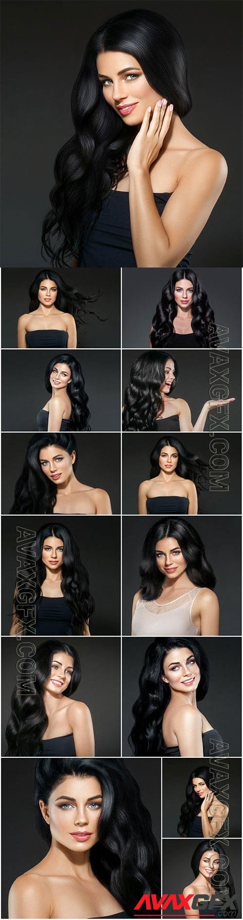 Luxury girl with black long hair stock photo