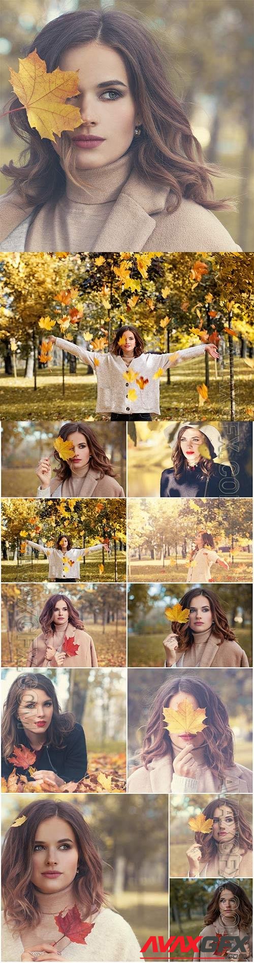 Girls and golden autumn stock photo