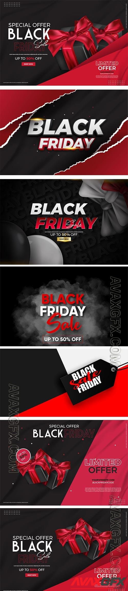 Black friday sale vector background with realistic 3d objects