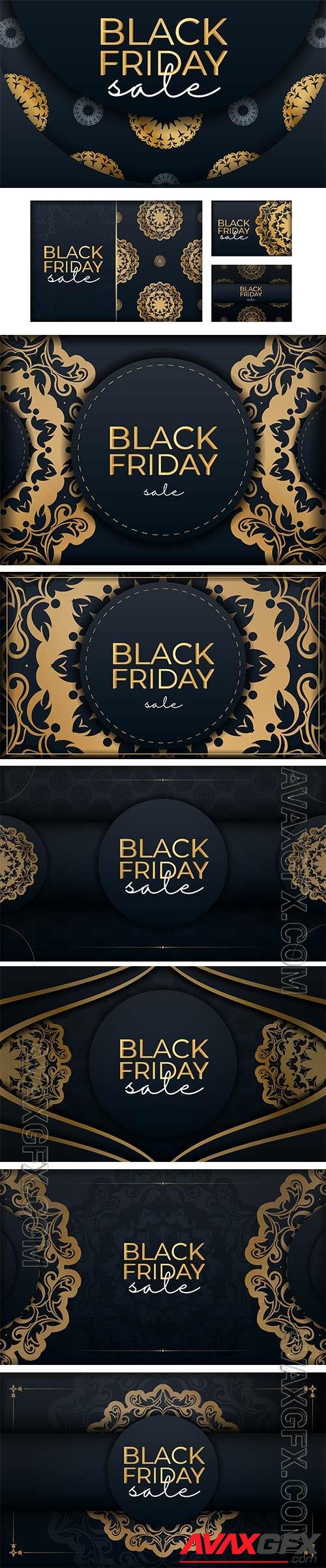 Black friday sale poster with vintage gold pattern premium vector