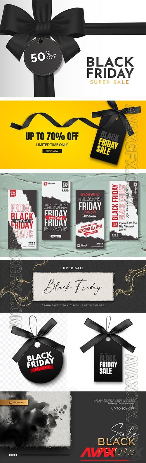 Black friday sale banner with vector realistic 3d objects