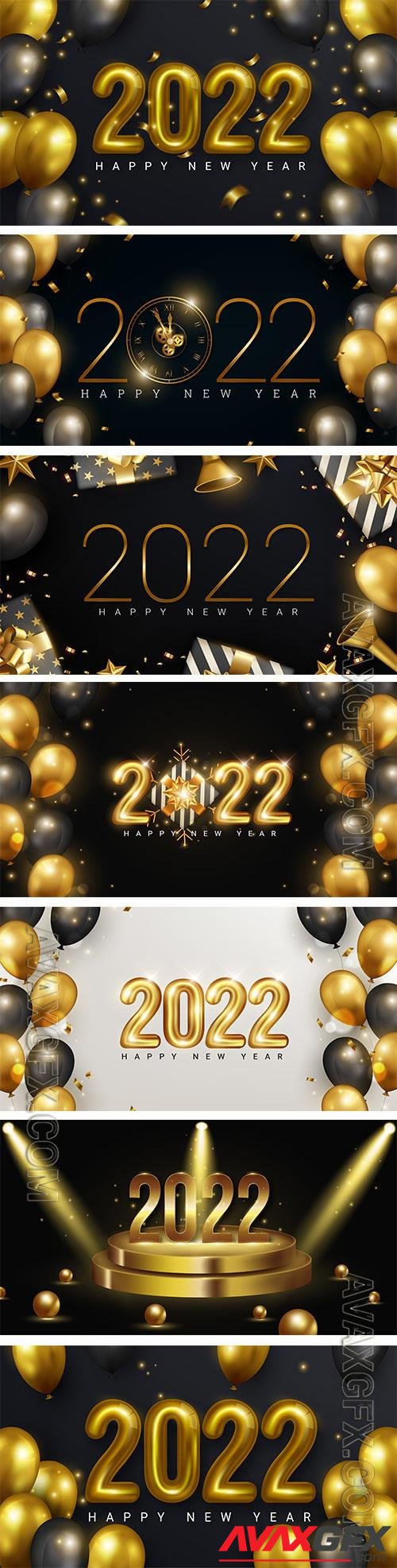 2022 number made by sparkle lights with golden balloons and stars for happy new year concept