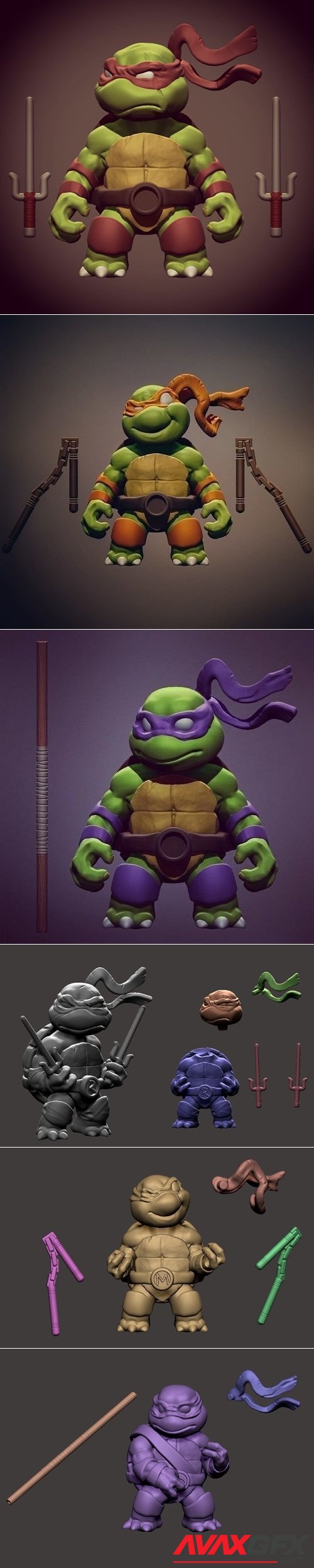 Chibi mutant ninja turtles - Raffa and Mickey and DON – 3D Printable STL