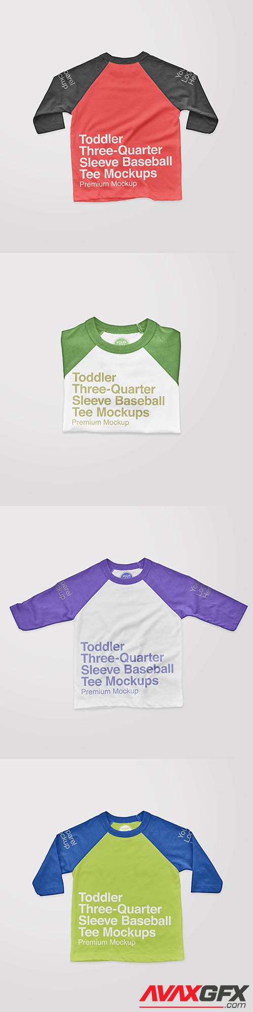 Toddler three quarter sleeve baseball tee folded mockups