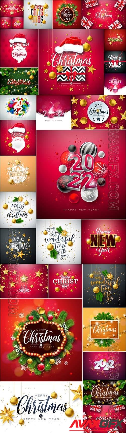 Merry christmas and happy new year illustration with gift box gold glass ball star and typography vector