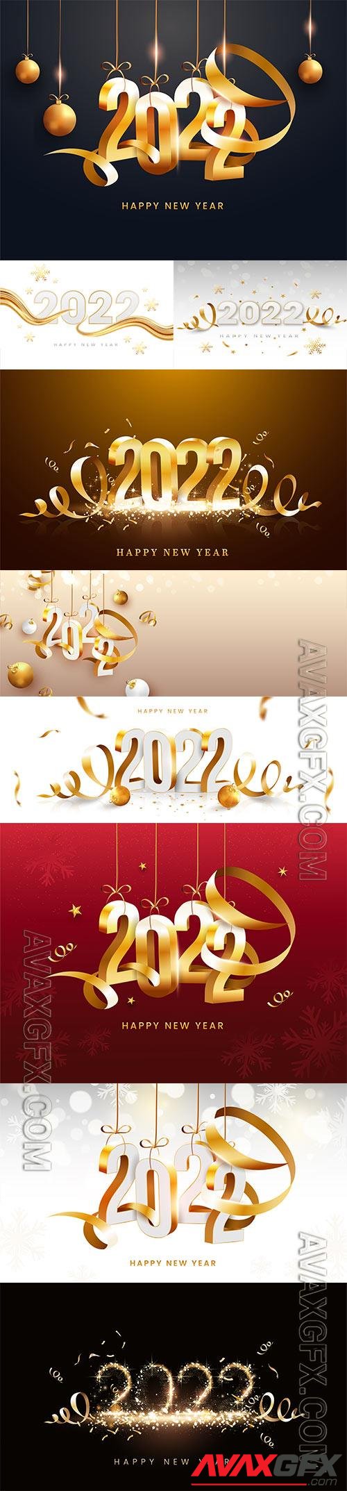 3d 2022 number hang with golden curl ribbons and baubles on peach bokeh background