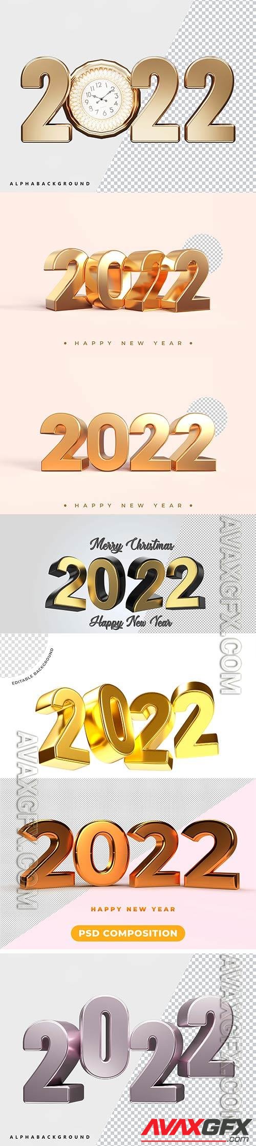 Psd Happy new year 2022 gold 3d rendering isolated on transparent background