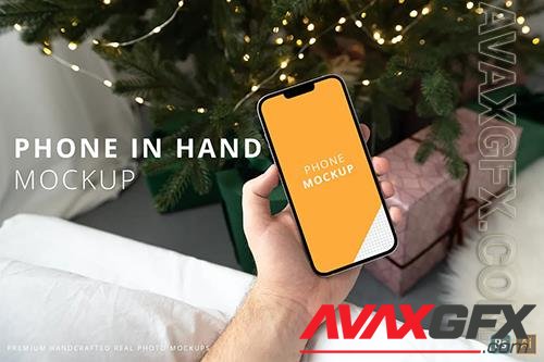 iPhone 13 Pro Max in Hand Christmas Cozy Mockup MQNPJT3