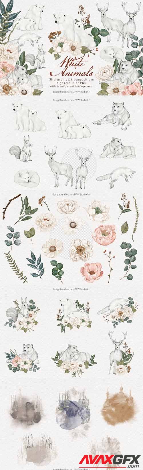 Wild Animals Watercolor Clipart Flowers Leaves - 1727290