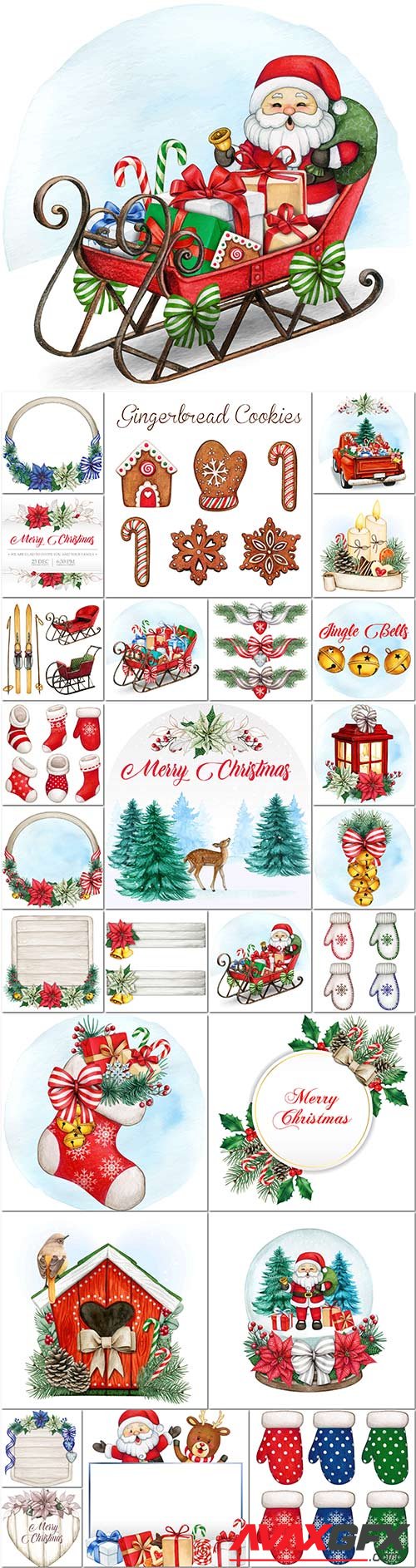 Santa claus and christmas decorations, new year elements in vector