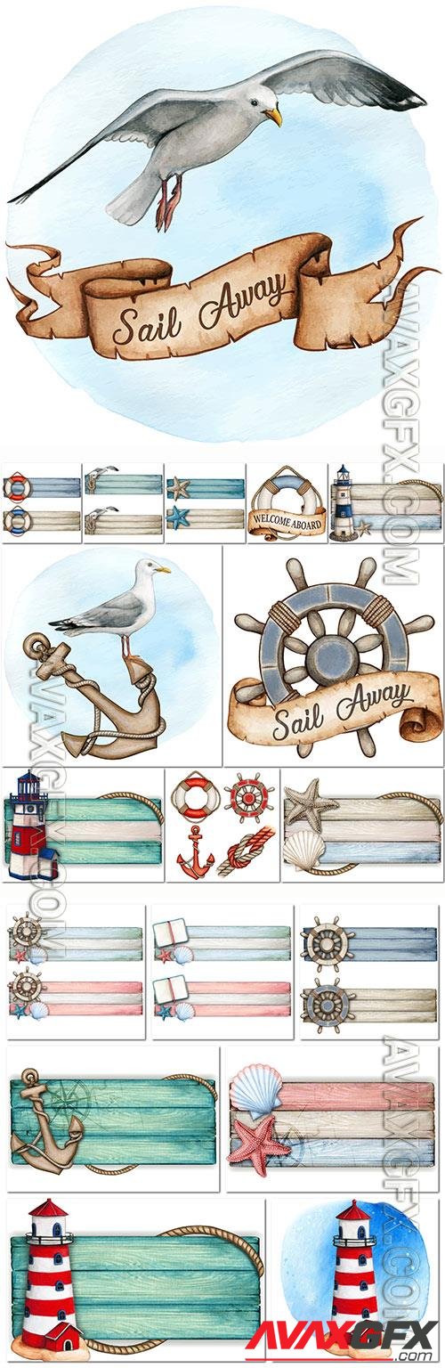 Watercolor wooden nautical vintage banner and elements in vector