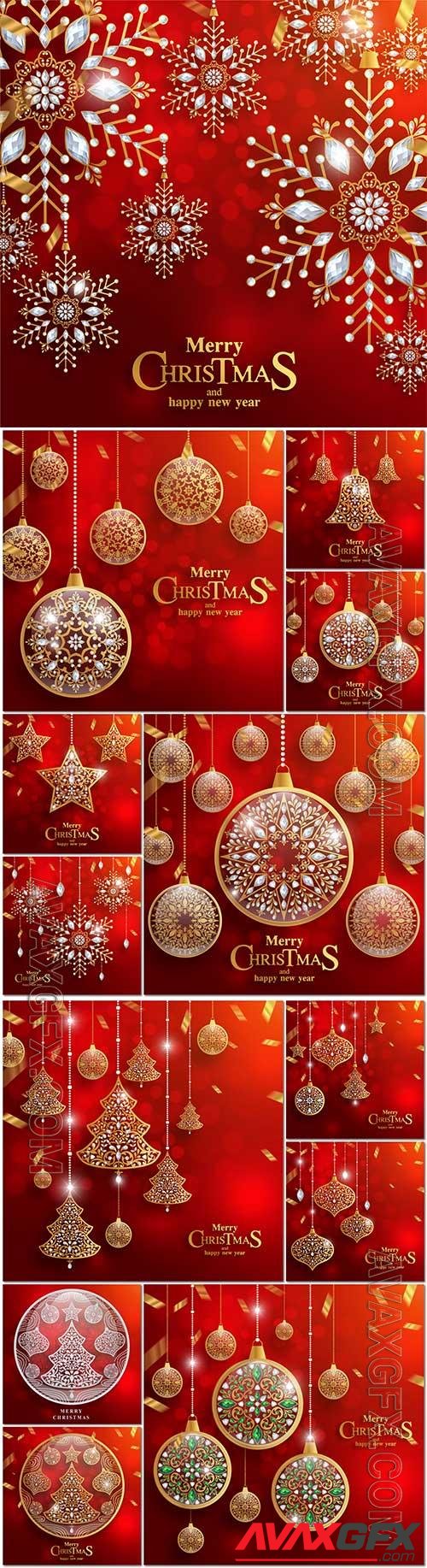 Merry christmas and happy new year with gold patterned and crystals on paper color in vector