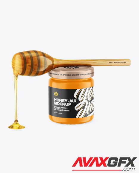 Glossy Honey Jar w/ Wooden Dipper Mockup 85664