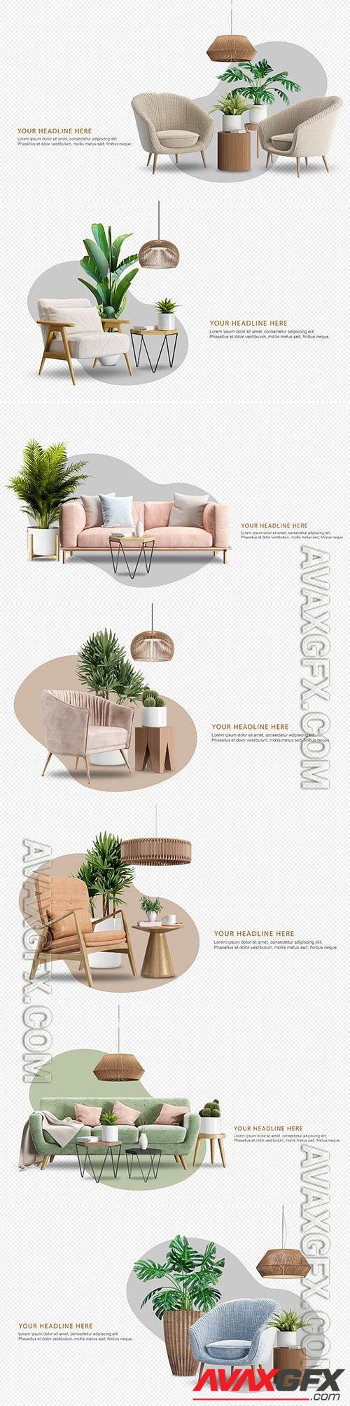 Set of interior furniture in 3d rendering psd