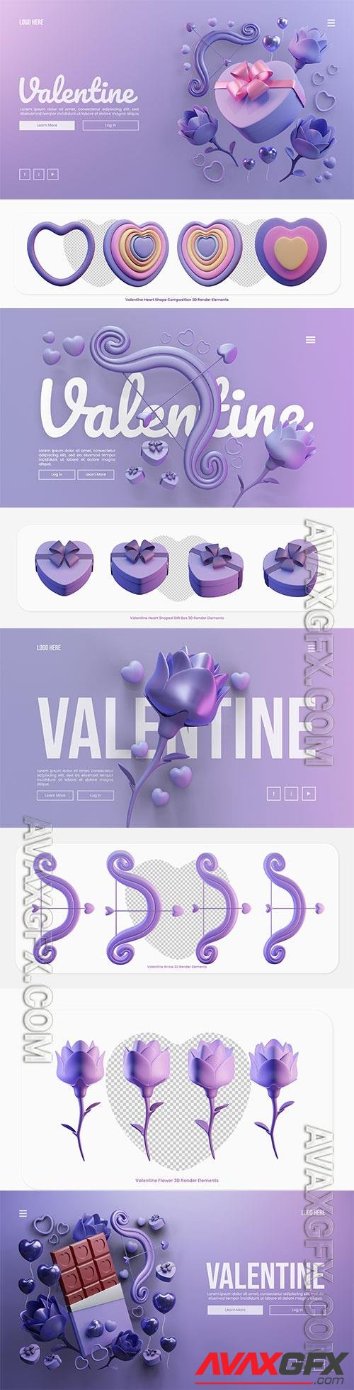Valentine landing page template with heart shaped gift box 3d rendering illustration psd