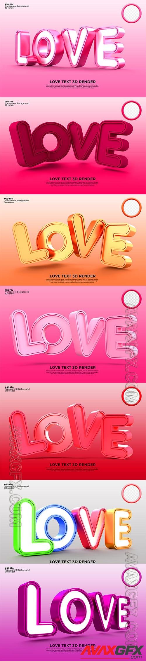 Letter love 3d render for valentine day psd