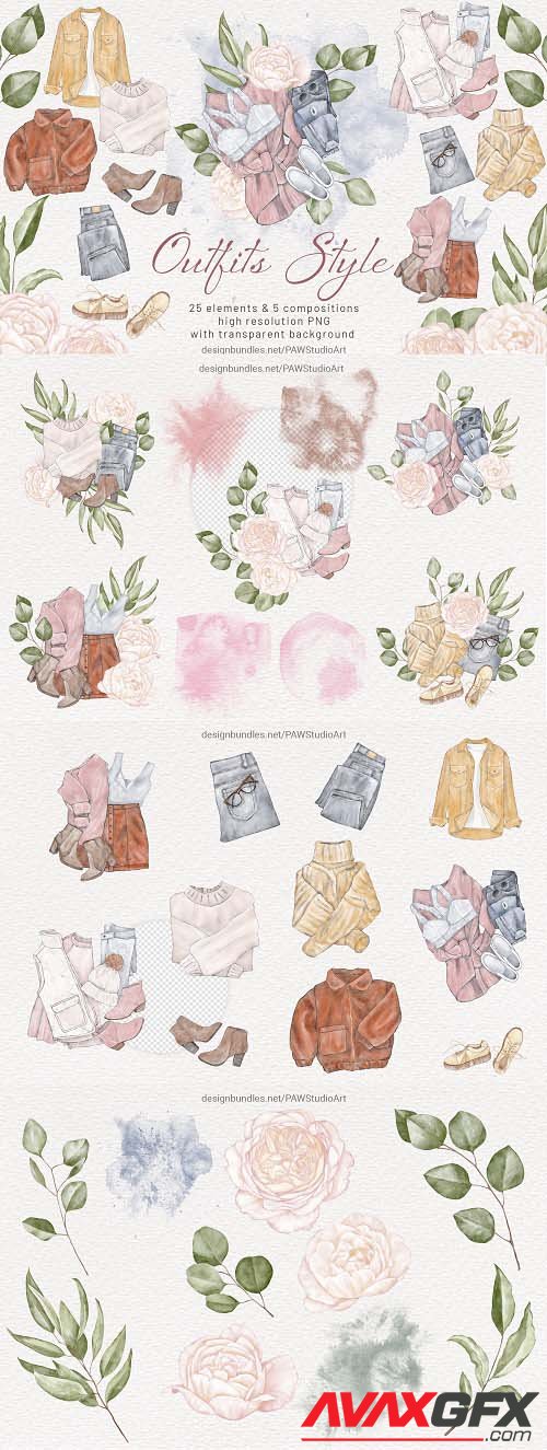 Fashion Watercolor Outfits Clipart Floral Clothes - 1765347