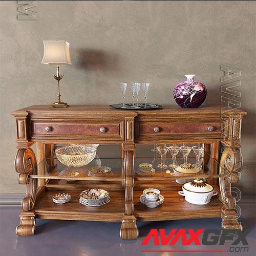 3D model of sideboard for kitchen with table lamp 01